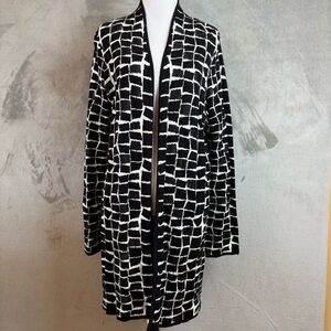 Kasper Monochrome Block Grid Pattern Long Cardigan Sz M